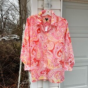 NWT Talbots Pretty Pinks Yellow White Paisley Cotton Long Sleeve Blouse